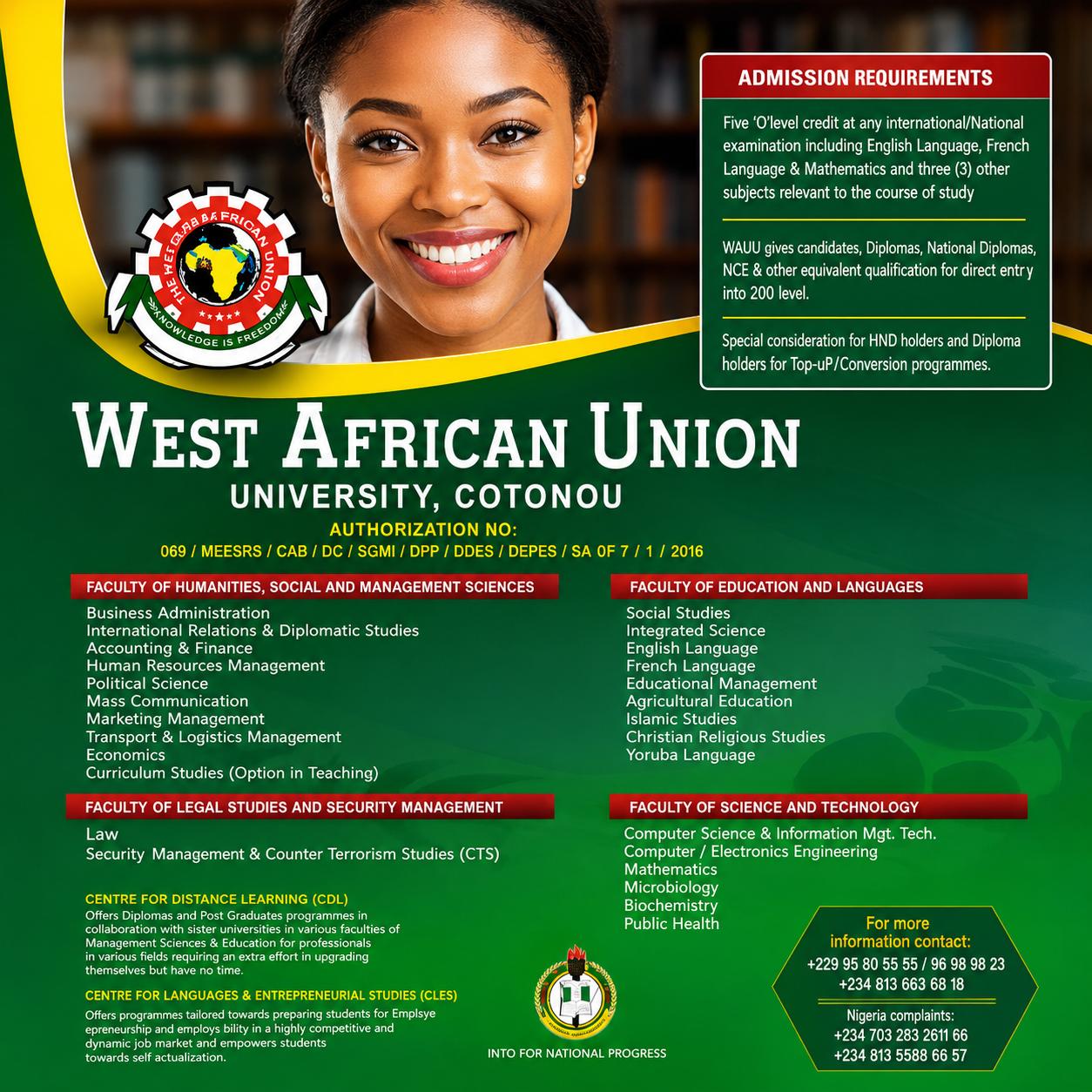 WAUU Faculties: Humanities, Education, Legal Studies, Science and Technology, CDL and CLES