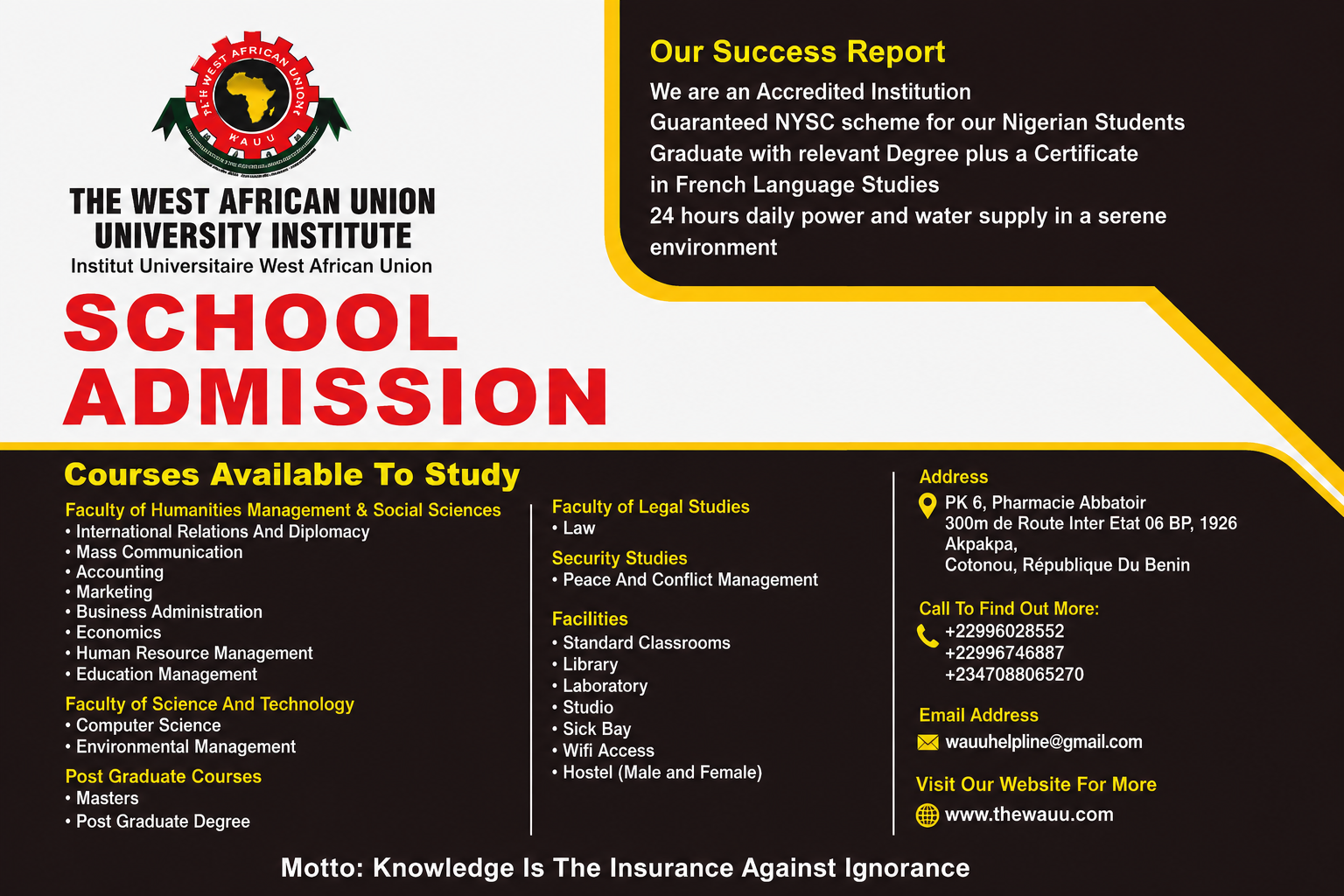 WAUU School Admission flyer: courses, facilities and contact information